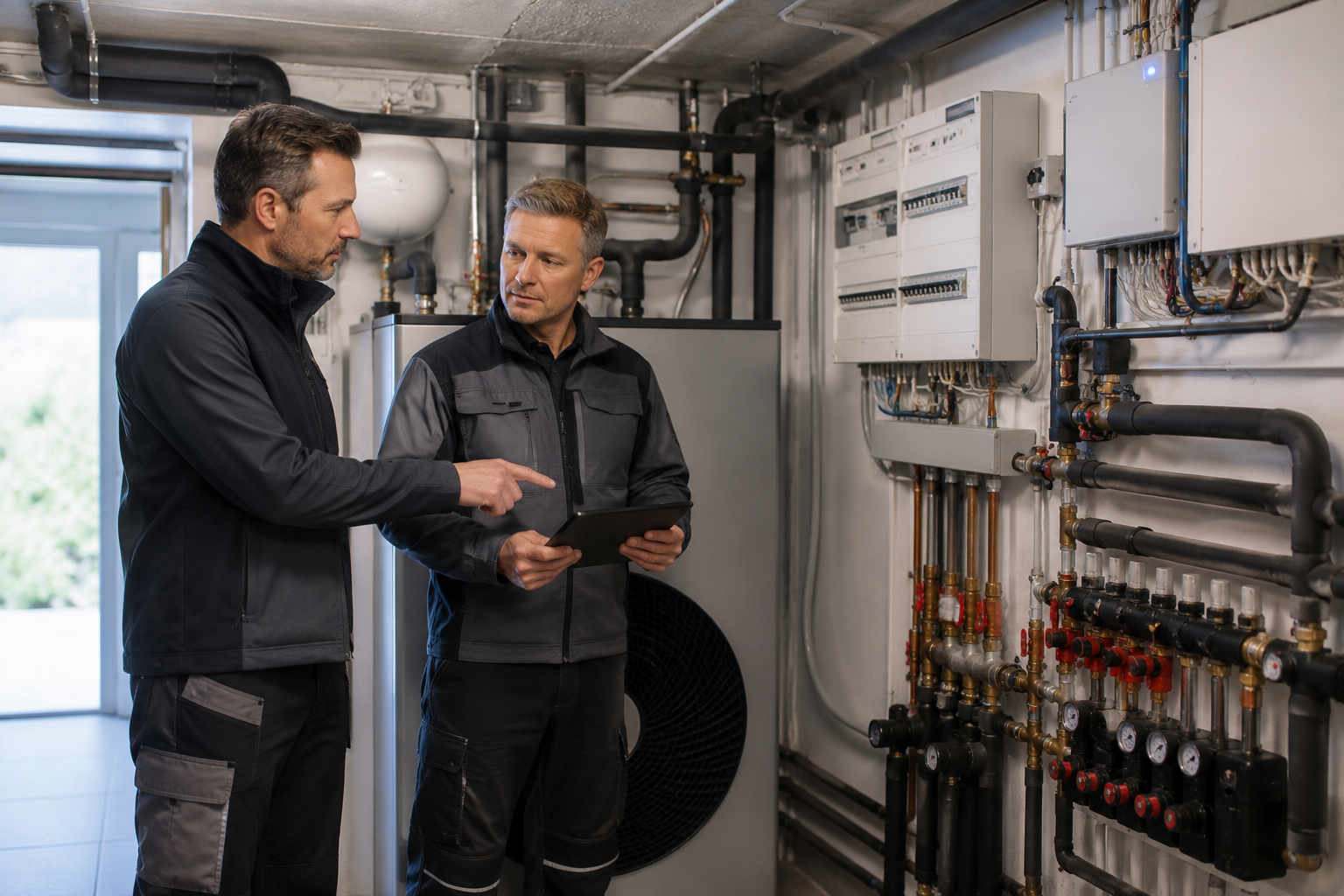 ISARKLIMA Techniker koordinieren elektrische und hydraulische Schnittstellen einer Wärmepumpenanlage