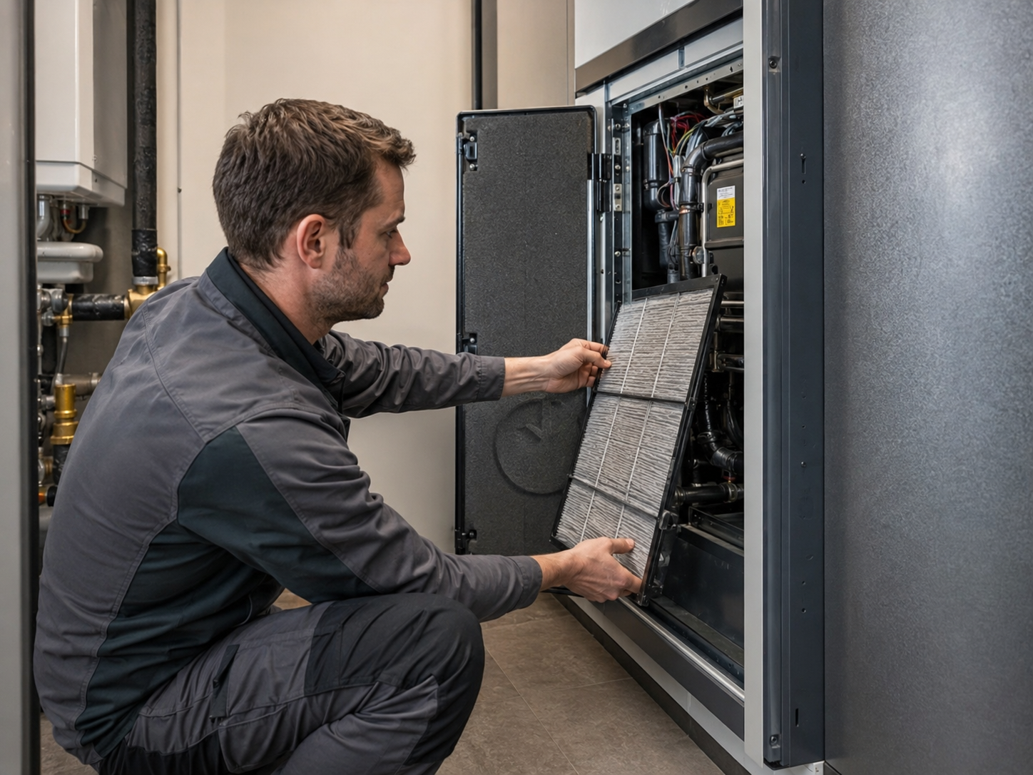 ISARKLIMA Techniker kontrolliert und reinigt Filterbereiche einer Klimaanlage